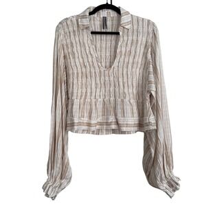 Anthropologie Striped Smocked V-Neck Crop Top Tan White XS OB2123191
